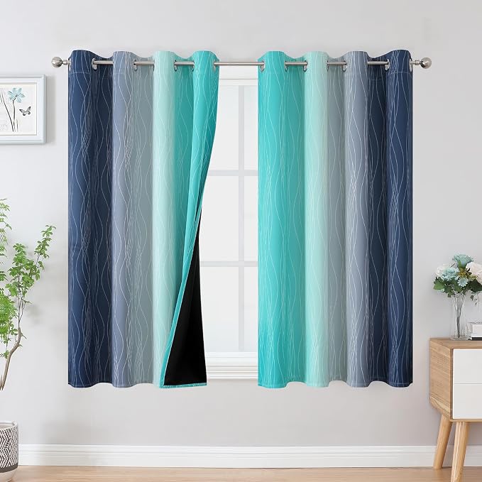 Navy Blue and Teal Blackout Curtains 45 Inch Length, Full Light Blocking by ESTELARTEXTILER