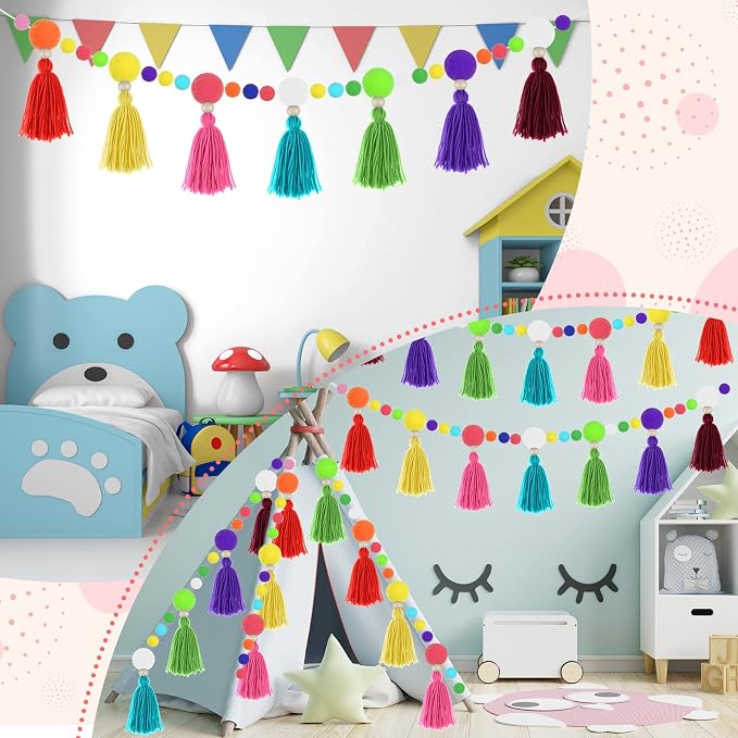 Janinka 2 Pcs Pom Pom Tassel Garland Classroom Each 13.2 Feet Boho Rainbow Felt - Image 3