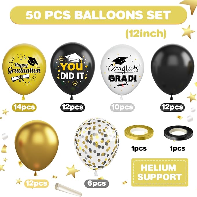 Black Gold Graduation Balloons, 12 Inch Metallic Gold and Black Graduation - Image 2