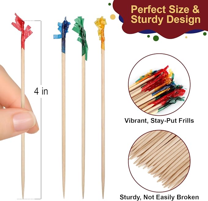 FATLODA Cocktail Picks, Colored Frill Fancy Toothpicks - Image 2