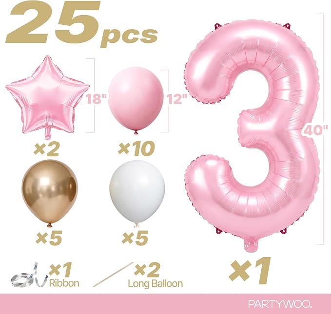 PartyWoo Number Balloons 40 Inch Pink Number 3 Kit 25pcs - Image 2