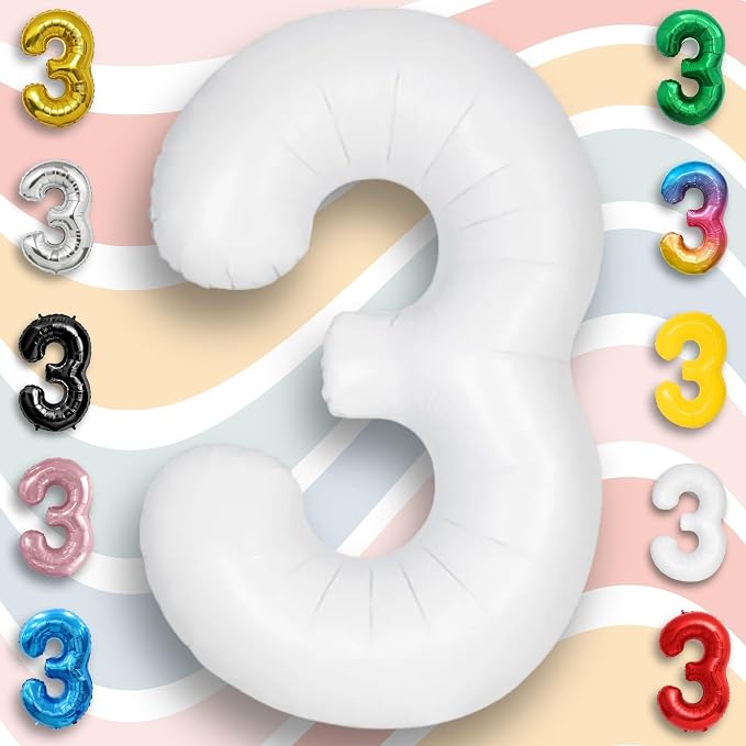 White Number Balloon 3 Mylar Foil Balloons 32 inch - Image 2
