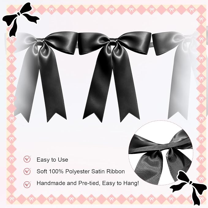 1 String of 8PCS Black Bow Garland Banner Decoration, Pre-Strung Satin Ribbon - Image 3