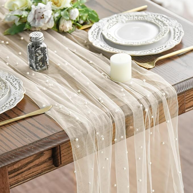 Artoid Mode 3PCS Pearl Beige Gauze Table Runner 120 Inch 10FT, Seasonal Sheer by ArtoidMode