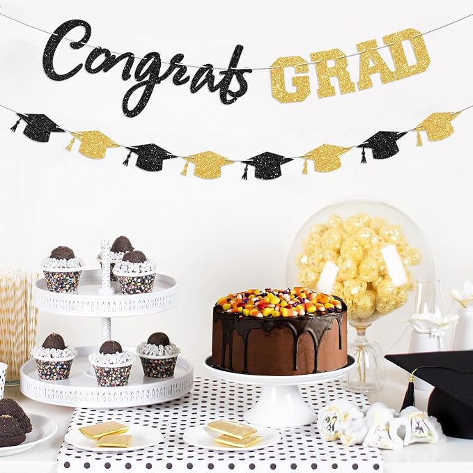 Prestrung Congrats Grad Banner Black and Gold Graduation Banner - Image 6