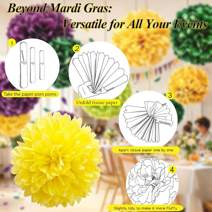 AimtoHome Mardi Gras Tissue Paper Pom Poms, Cyan Purple Green Yellow Cream - Image 7