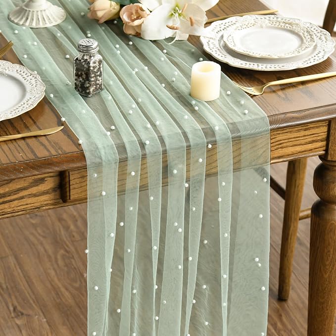Artoid Mode 10PCS Pearl Grass Green Gauze Table Runner 120 Inch 10FT, Seasonal by ArtoidMode