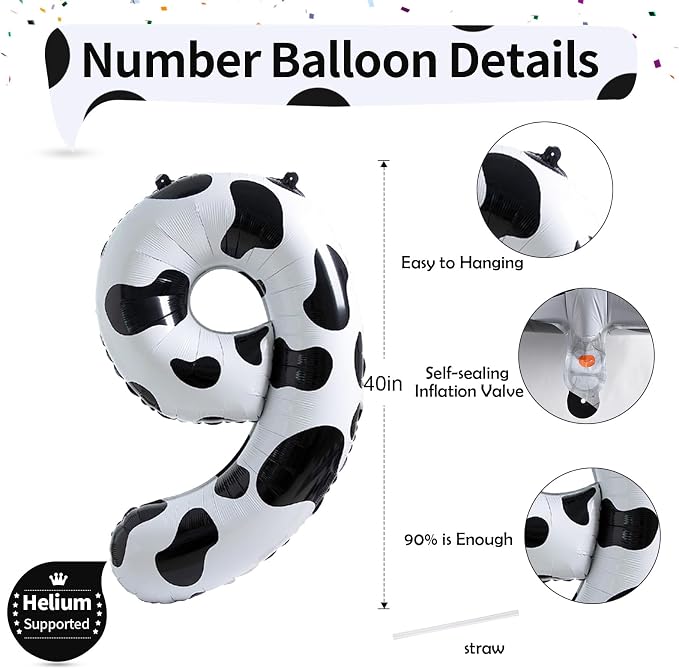 40 Inch Number 9 Balloons for Boys, Cow Print Giant 9th Birthday Party Number - Image 2