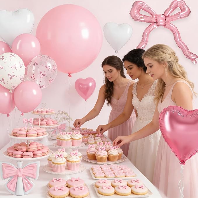 Pink Bow Balloons, Light Pastel Pink White Bow Print Balloons - Image 6