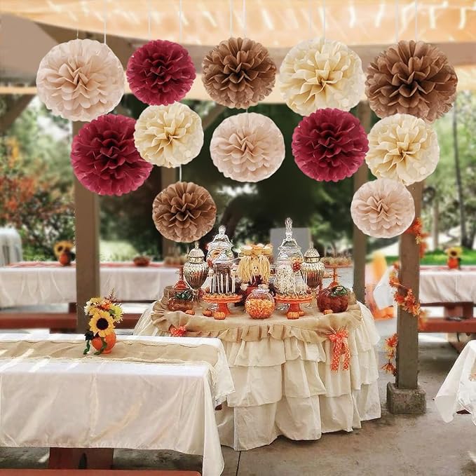 Capesaro Burgundy Beige 12PCS Paper Pom Poms Party Decorations - Image 6