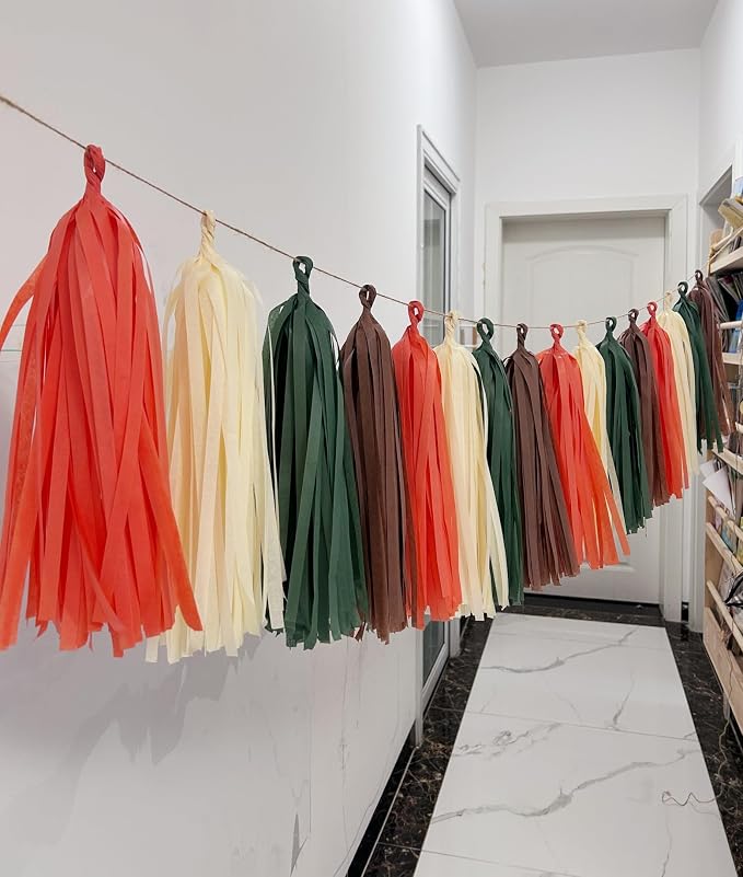 DIY Tissue Paper Tassels Garland Banner Kit, 20 Pieces Sage Green Brown Orange - Image 4