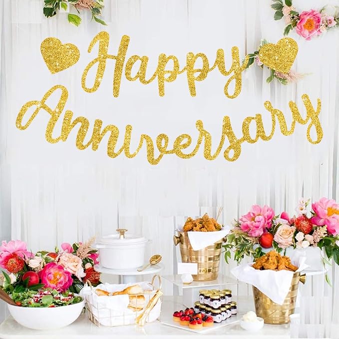 BEISHIDA Pre-Strung Glitter Gold Happy Anniversary Banner Wedding Decor | Happy - Image 4