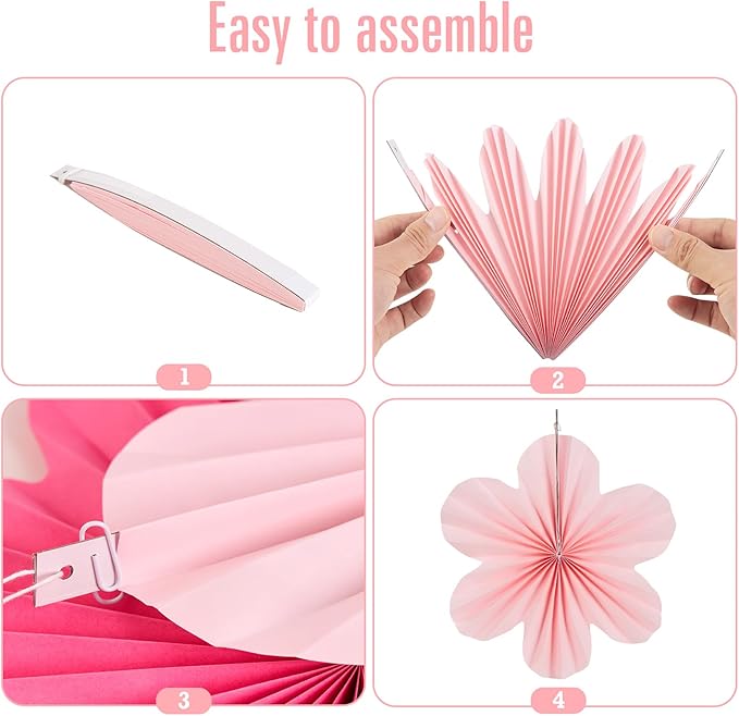 Easy Joy Hot Pink Paper Flowers Decorations for Wall Pink Paper Fans Classroom Decoration Paper Floral Backdrop Decor Paper Fans Decoration Hanging Paper Fans Pink Flower Wall Decor, Set of 9
