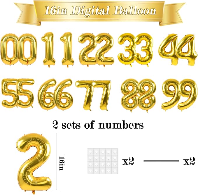 TONIFUL 20 Pcs Number Balloon 2 Set 16 Inch Gold 0-9 Numbers Balloons | Small - Image 2
