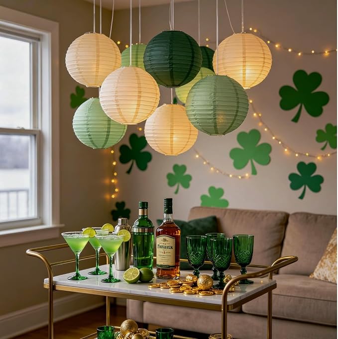 Boho Chinese Paper Lanterns LED Lights, Sage & Forest Green - Image 5