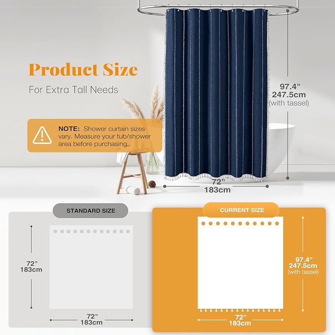 72x96 Extra Long Boho Linen Heavy Duty Shower Curtain Set, 330GSM Linen Blend - Image 3