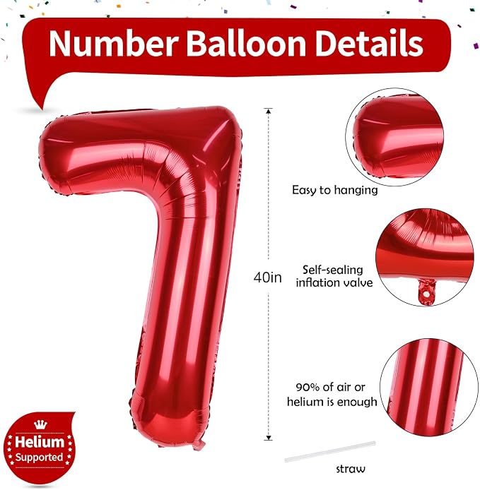 Red Number 7 Balloon, 40 Inch Large Number 0-9 Set - Image 2
