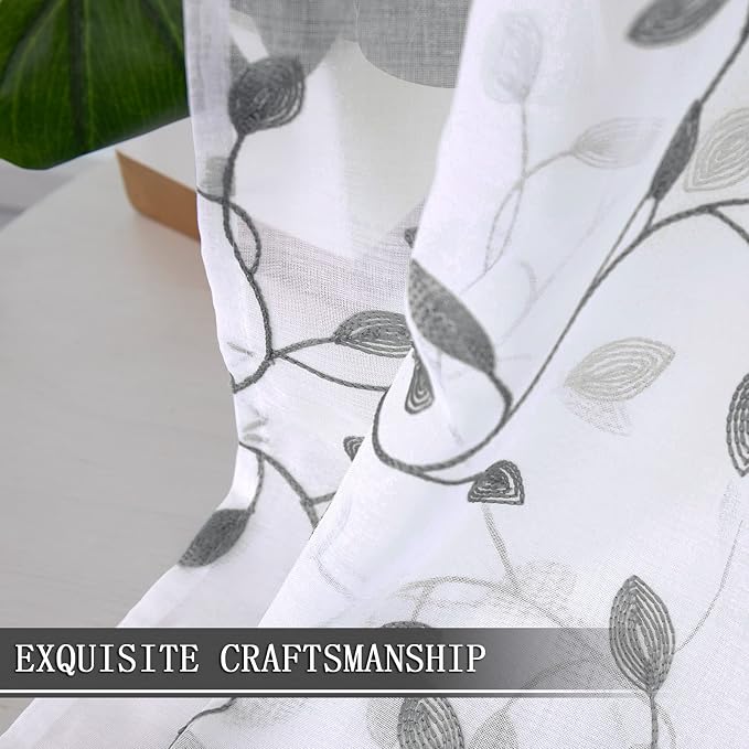 Tollpiz Leaves Short Sheer Tier Curtains Grey Leaf Embroidery Kitchen Half - Image 6