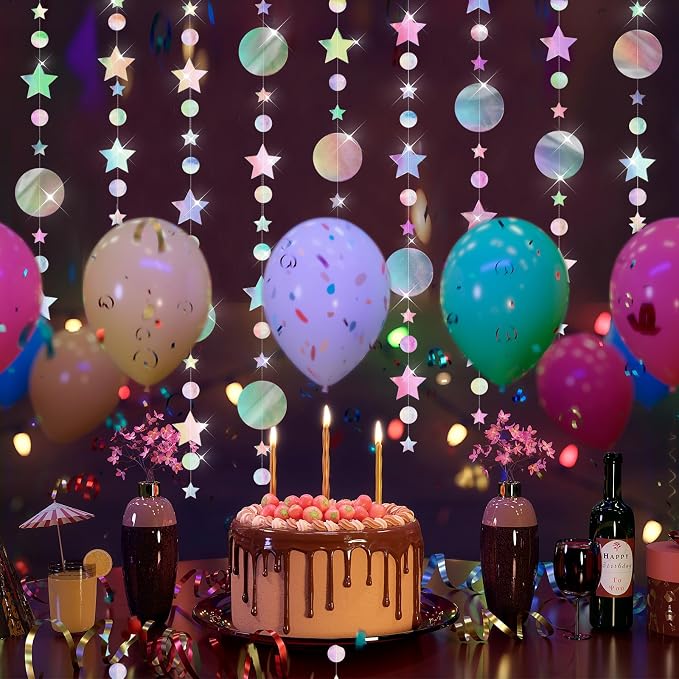 Star Circle Dot Hanging Garlands, Holographic Twinkle Stars Garlands Iridescent - Image 6