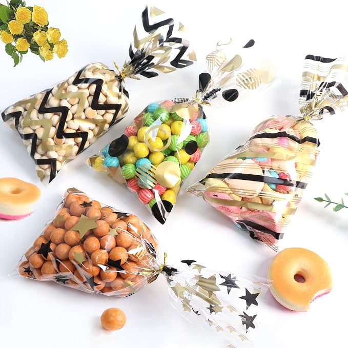 COQOFA Black Gold 5"X11" Gift Wrap Cellophane Cello Bags: Clear Candy Cookie & - Image 6