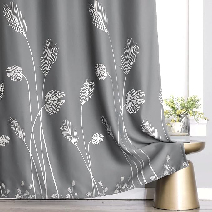 Grey Blackout Curtain for Dining Room 100W x 108L Inch Long Silver Palm Tree - Image 4
