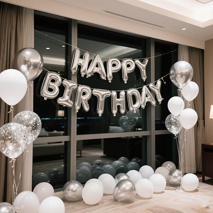 Silver Happy Birthday Balloon Banner Set -16 Inch Foil Letters Balloons - Image 5