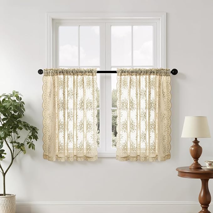 MIULEE Vintage Floral Scalloped Lace Curtains 2 Panels, Semi Sheer Curtains - Image 7