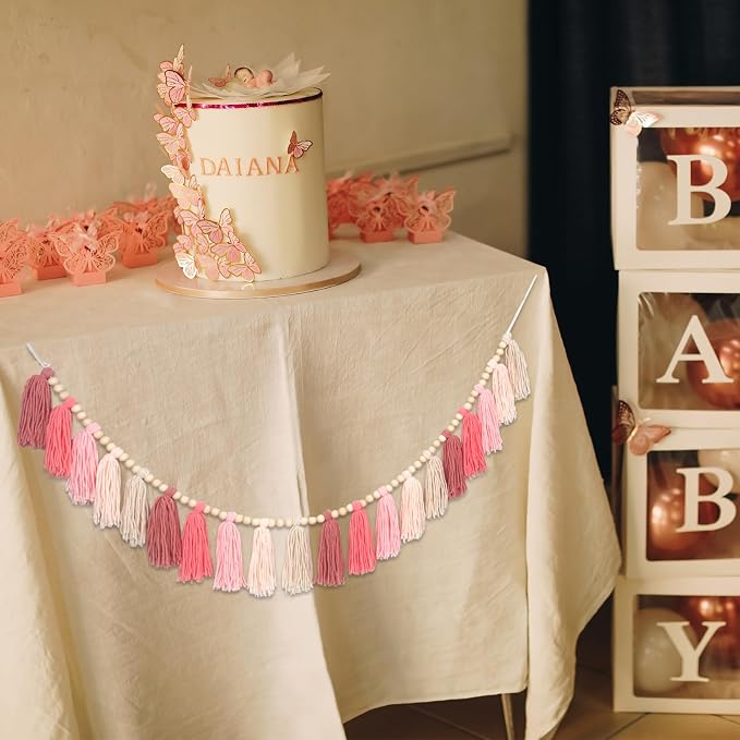 Pink Yarn Tassel Garland Boho Preppy Wall Hanging Decor Bunting Banner Tassels - Image 7
