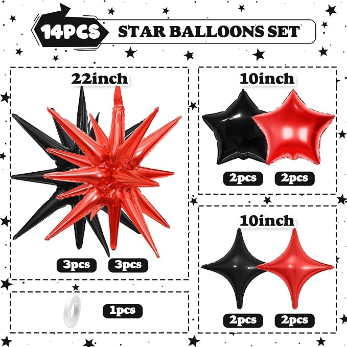 14pcs Black Red Star Balloons, Mixed Star Foil Balloon, 22Inch Explosion Stars - Image 2