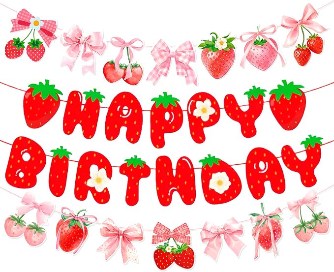 MEETINGU Strawberry Happy Birthday Banner and Bow Theme Strawberry Banner by MEETINGU