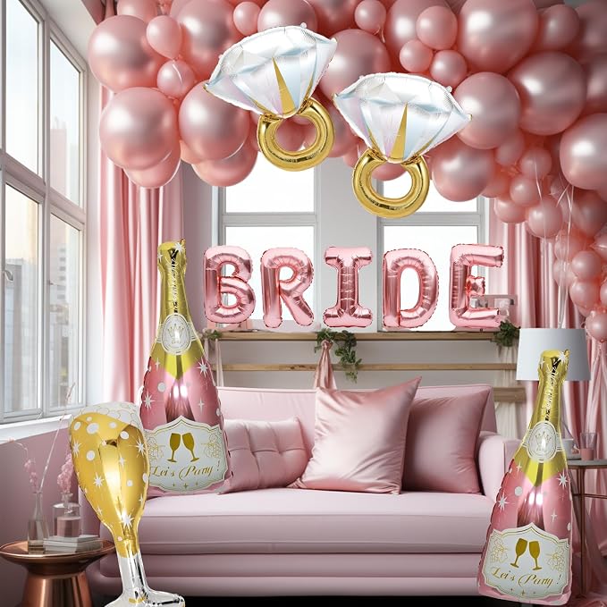 4 Pcs Bachelorette Balloons, Huge Rose Gold Champagne Bottle Diamond Ring - Image 2