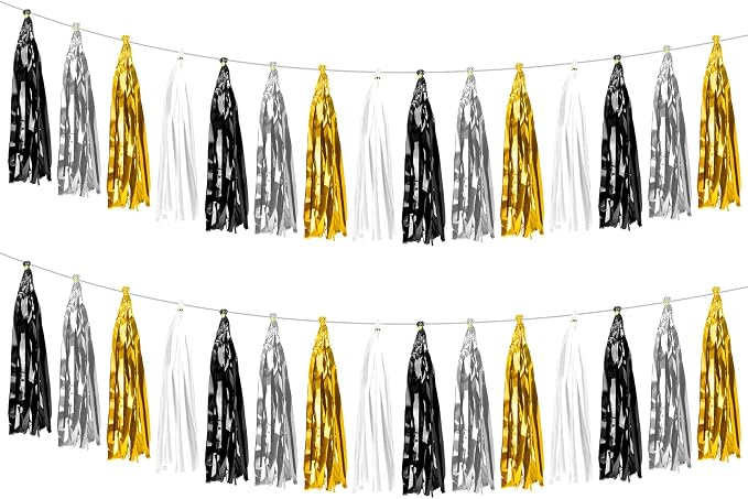 2 Pack Black Sliver Gold Metallic Tassel Garland, Foil Fringe Banner Streamers by Unknown
