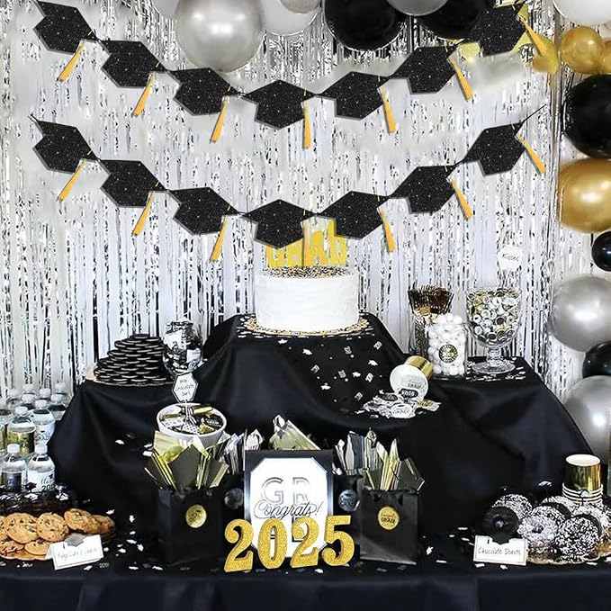 Graduation Decoration Banners 2026 Black Glitter Graduation Hats Banners | - Image 7
