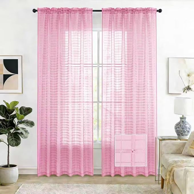 SpaceDresser Check Sheer Curtains 90 Inches 2 Panels Set, Rod Pocket Plaid by SpaceDresser