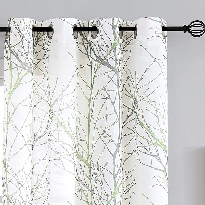 FMFUNCTEX Linen Sage Green White Semi Sheer Print Curtains 45 Inch 2 Panels | by Fmfunctex