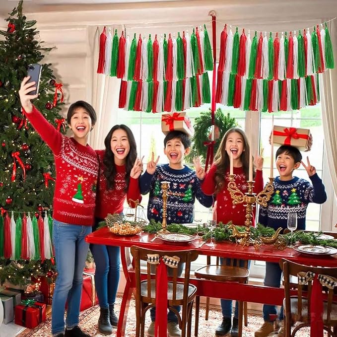 Red White Green Christmas Tissue Paper Tassel Garland Holiday Banner DIY - Image 5