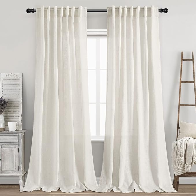 Cream Linen Curtains 99 Inches Long 2 Panels Set Back Tab Rod Pocket Semi Sheer by Nanspring