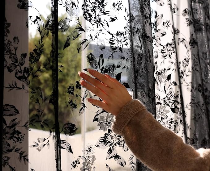 Treatmentex Black Floral Lace Curtains 63" Length - Image 3