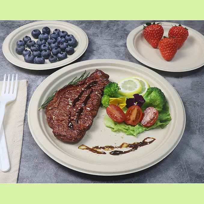 GreenWorks 7 inch and 9 inch Heavy-duty Compostable Plates (each 50 Count), 100 Count Unbleached Disposable Paper Plates (Pack of 2)