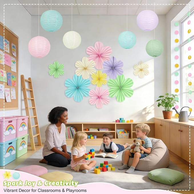 Pastel Hanging Decorations for Classroom, 20-Pc Paper Lanterns Flower Fans | - Image 2