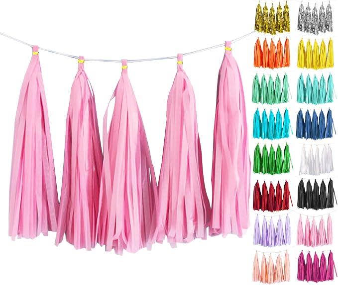 Pink Tassel Garland 20 Pcs, Tissue Paper Tassels Garland Banner by ODDODDY