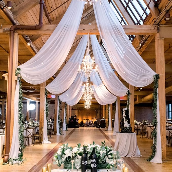 MODFUNS Wedding Ceiling Drapes White Wedding Arch Draping Fabric 2 Panels 5x20 FT Chiffon Drapery Curtains for Arbor Sheer Fabric for Draping Arch Decorations for Ceremony Swag Backdrop for Parties