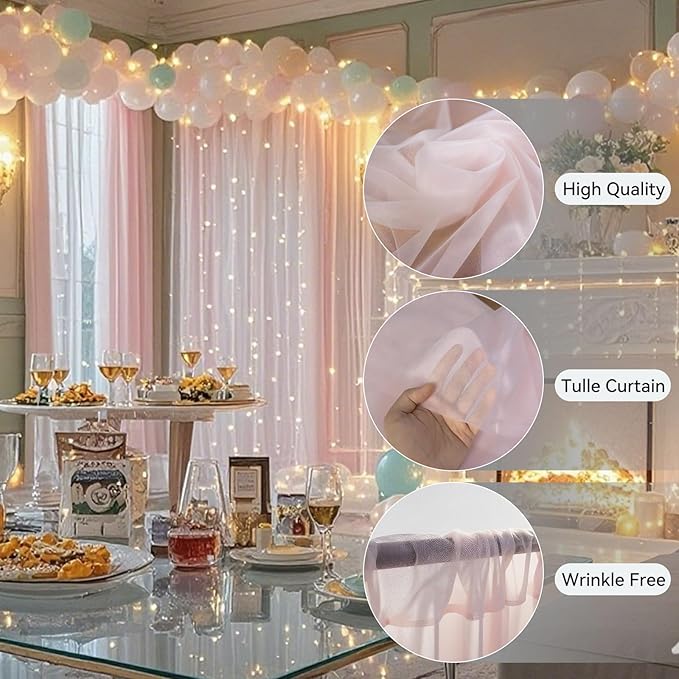 10×8ft Tulle Backdrop Curtains with Lights String - 300LED Fairy Lights Sheer Curtain Backdrop for Weddings Baby Shower and Birthday Party Decorations(2 Panels 5×8ft)