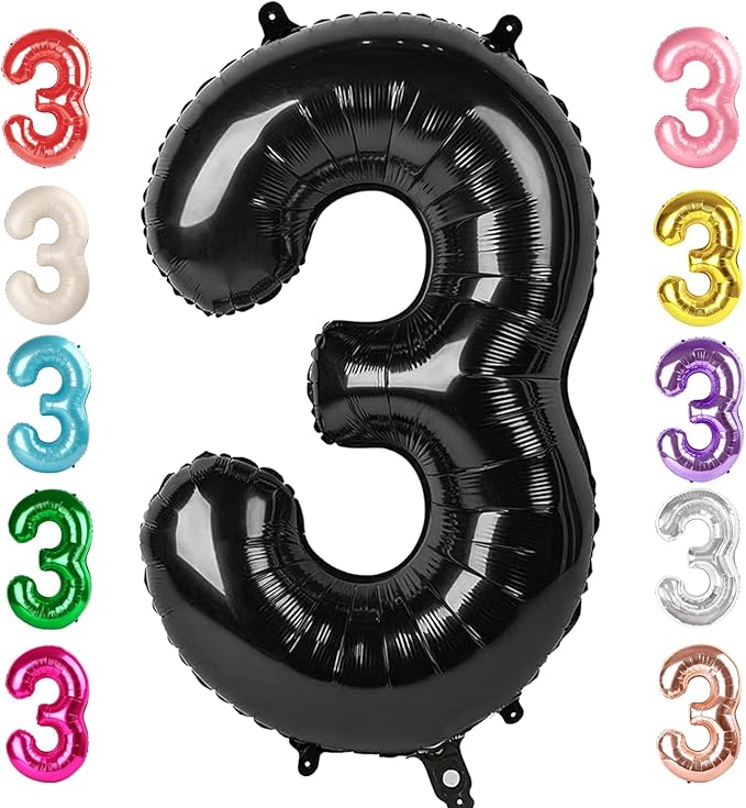 Number 3 Balloons Birthday Decorations, 40In Black Balloons by Mluchee