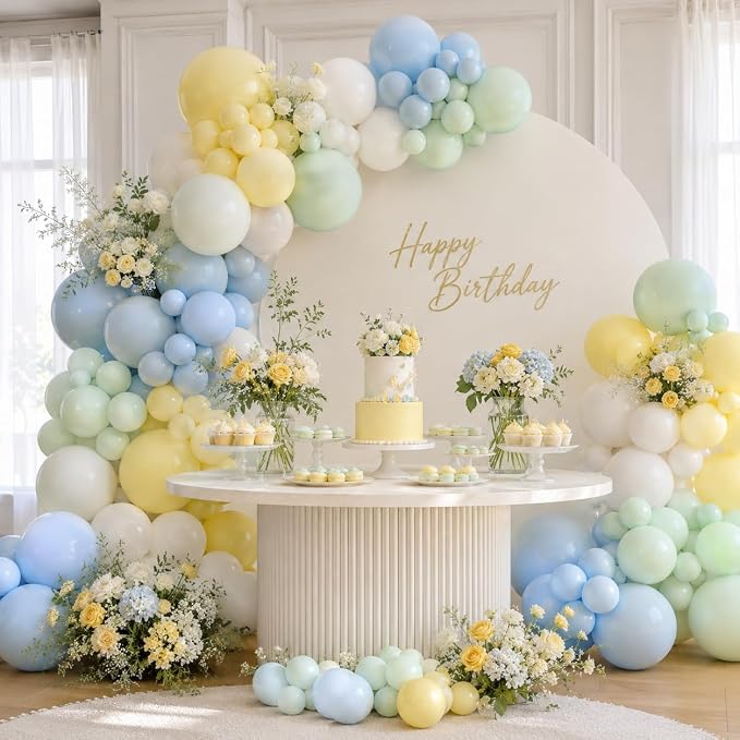 Pastel Green Blue Yellow Balloon Arch Kit, Ivory White Balloons - Image 6