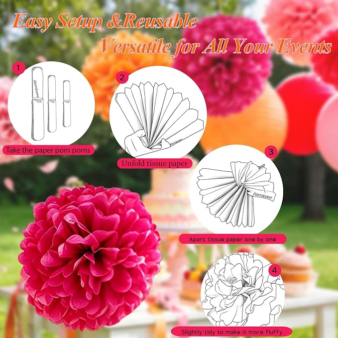 AimtoHome Pink Orange Tissue Paper Flower Pom Poms12pack Hanging Paper Pom Pom - Image 6