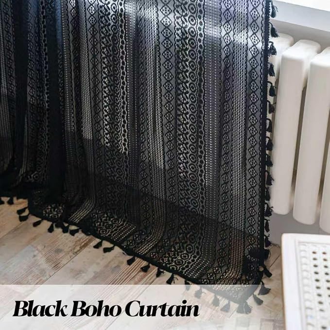 Sutuo Home Black Boho Curtain 84 Inches Length, Sheer Crochet Lace Handmade - Image 4