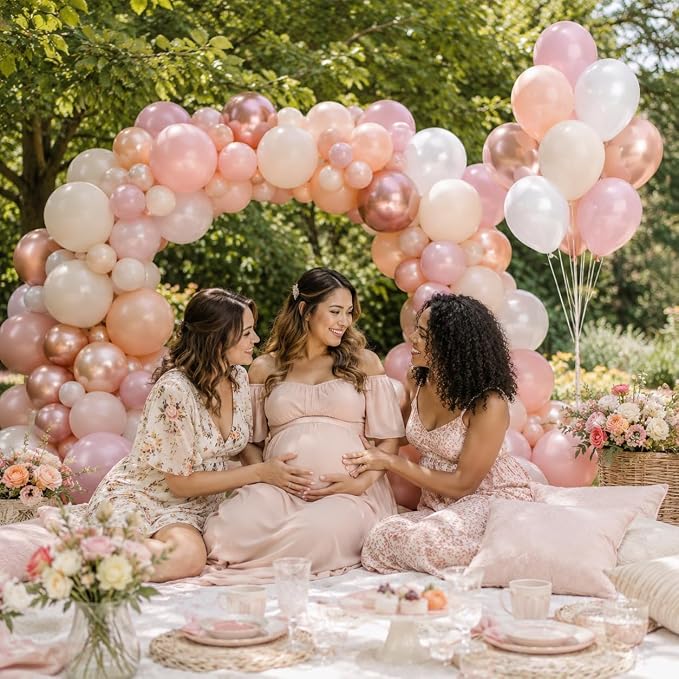 Dusty Pink Balloons, Double Stuffed Beige Balloon Pearl White Metallic Rose - Image 6