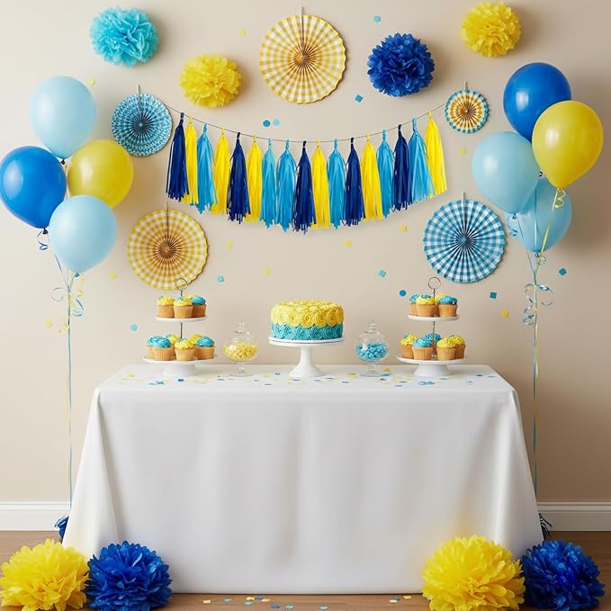 Yellow and Blue Tassel Garland Banner, 30 Pack Paper Tassels Streamers - Image 2