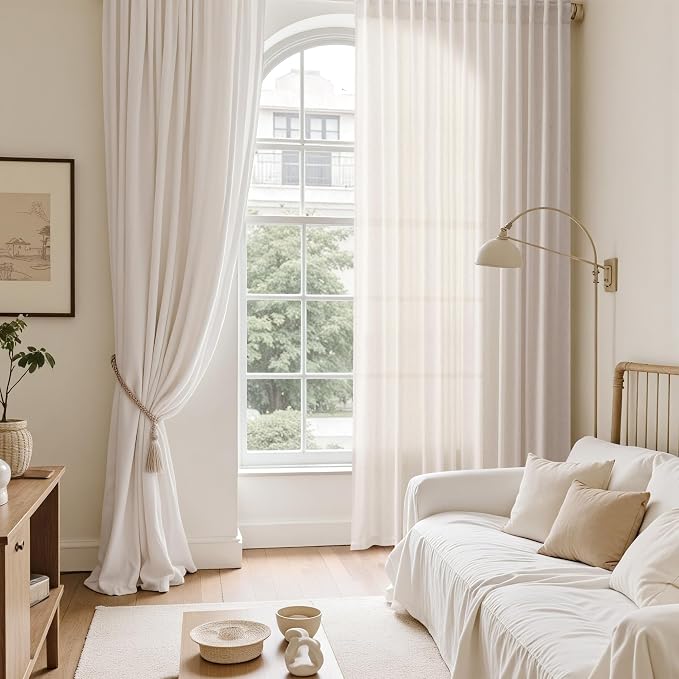 Ivory White Linen Curtains for Living Room 105 Inches Long Light Filtering Semi - Image 6